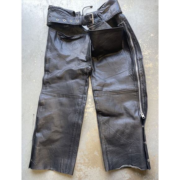 Hot Leathers Unisex Top Grain Black Leather Braided Trim Chaps Sz Small - Picture 1 of 7